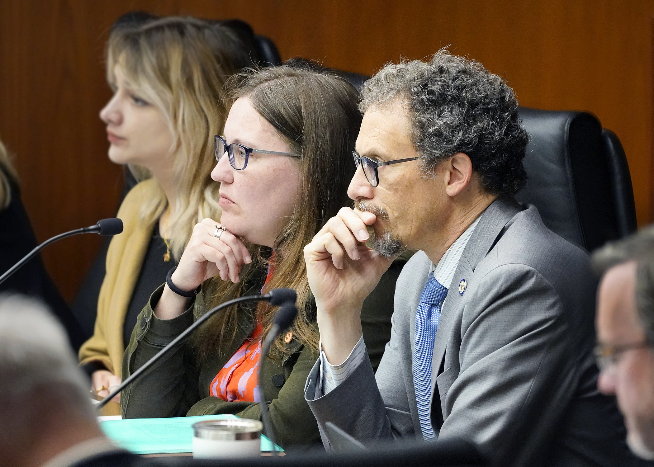 Co-chairs Rep. Jamie Becker-Finn and Sen. Ron Latz listen to public testimony during the May 9 meeting of the judiciary and public safety conference committee. (Photo by Andrew VonBank)